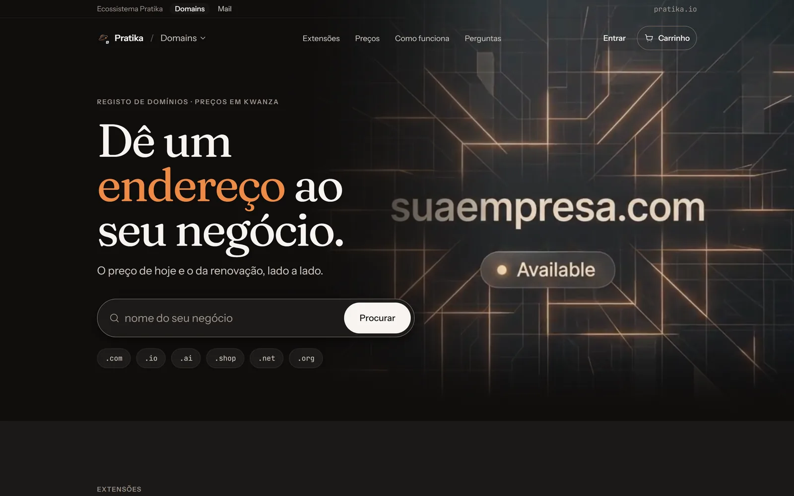 Página inicial do Pratika Domains: pesquisa e registo de domínios para o negócio.