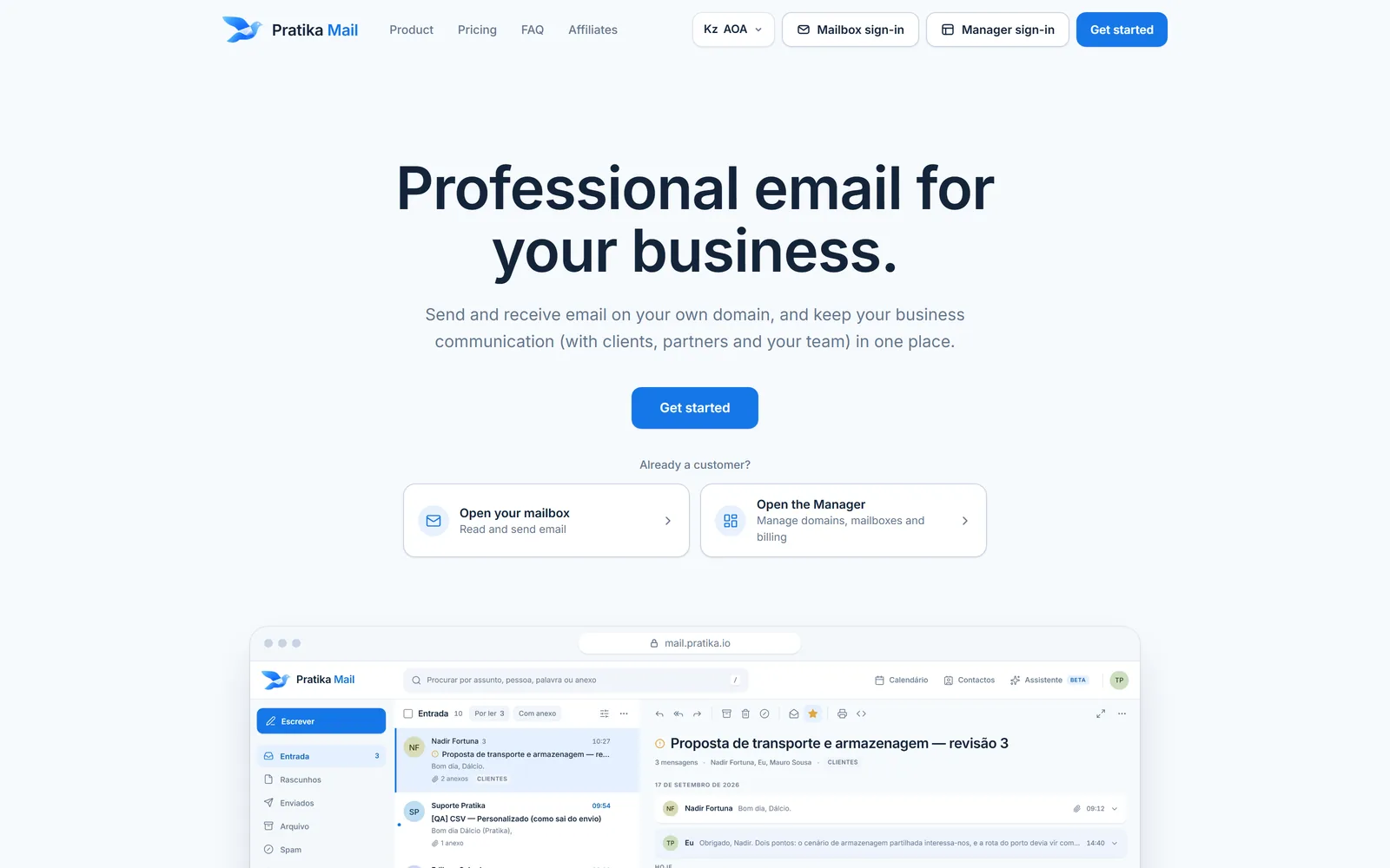 Página inicial do Pratika Mail: email profissional no domínio da empresa, com a caixa de correio em pré-visualização.