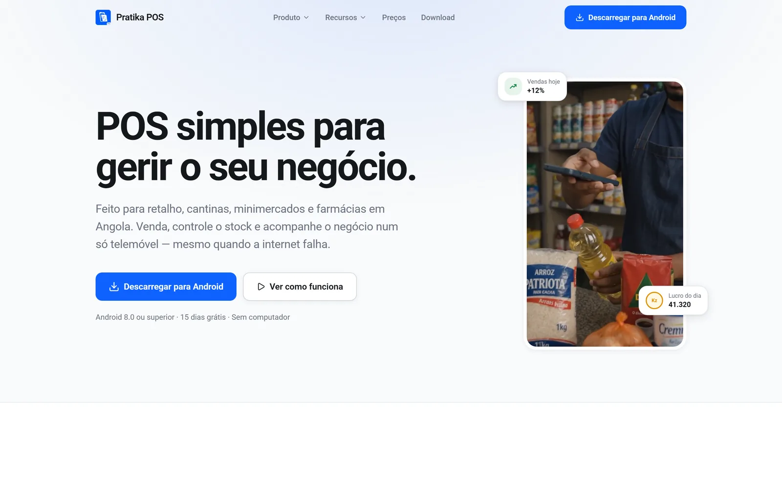 Página inicial do Pratika POS: ponto de venda simples para gerir o negócio a partir do telemóvel.