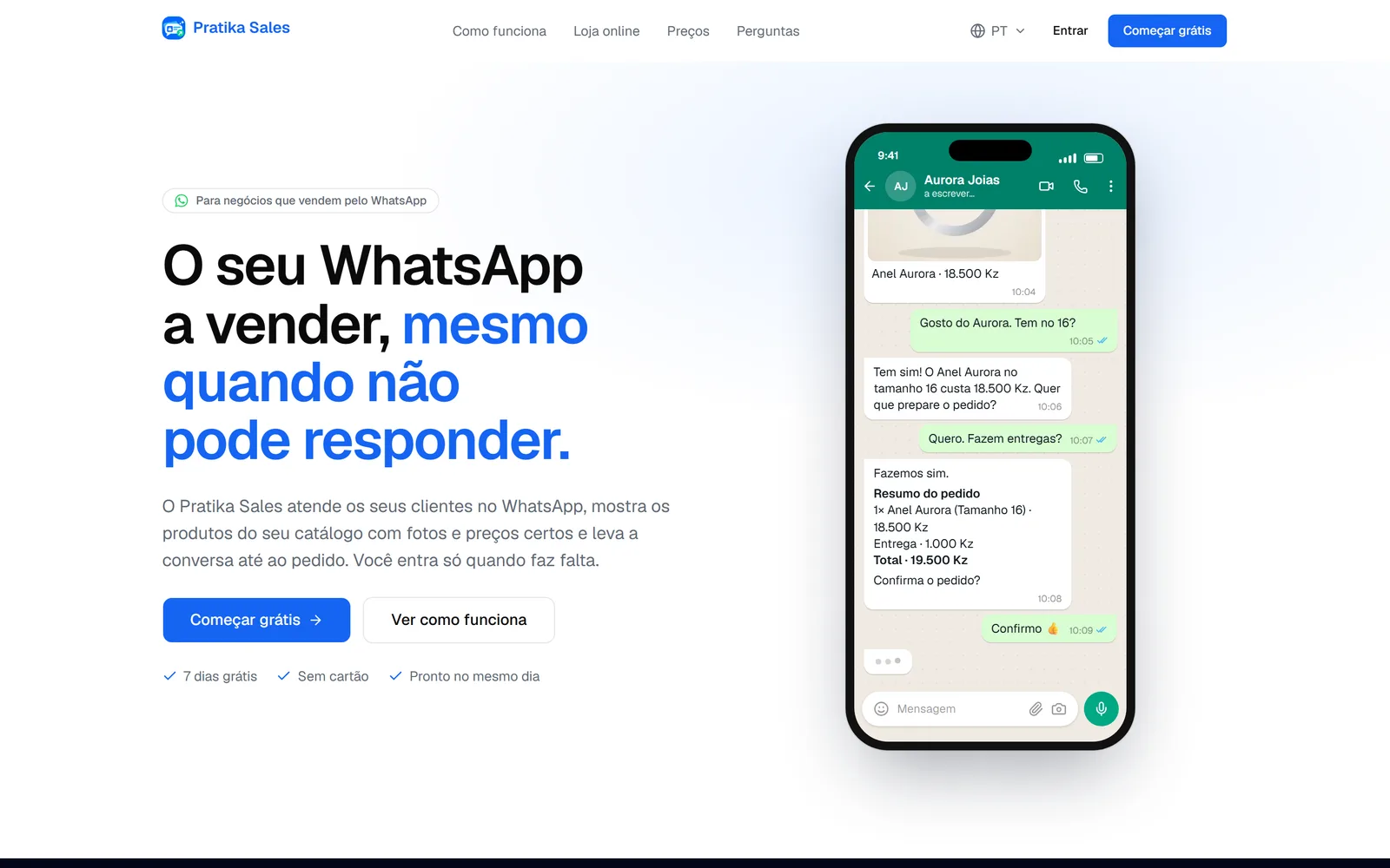 Página inicial da Pratika Sales: o vendedor do negócio no WhatsApp, com um exemplo de conversa.